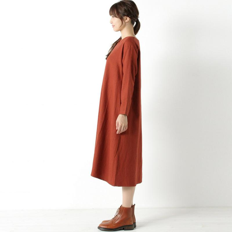 綿麻レーヨンキーネックワンピース