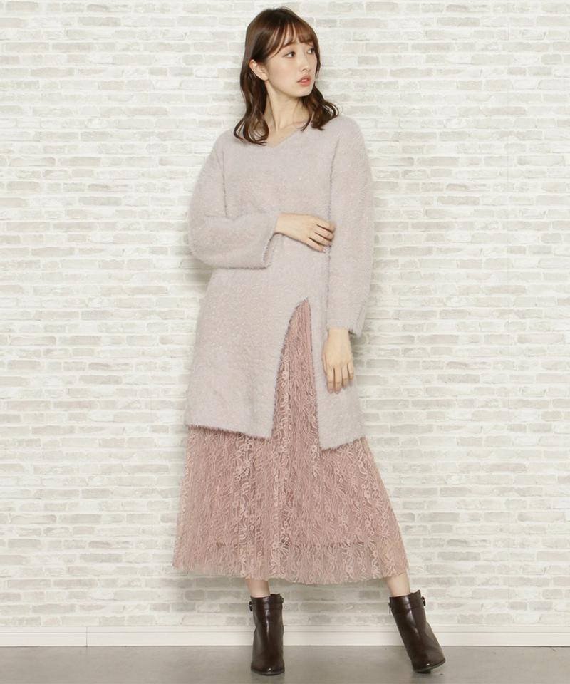 シャギーニット+レースプリーツスカート