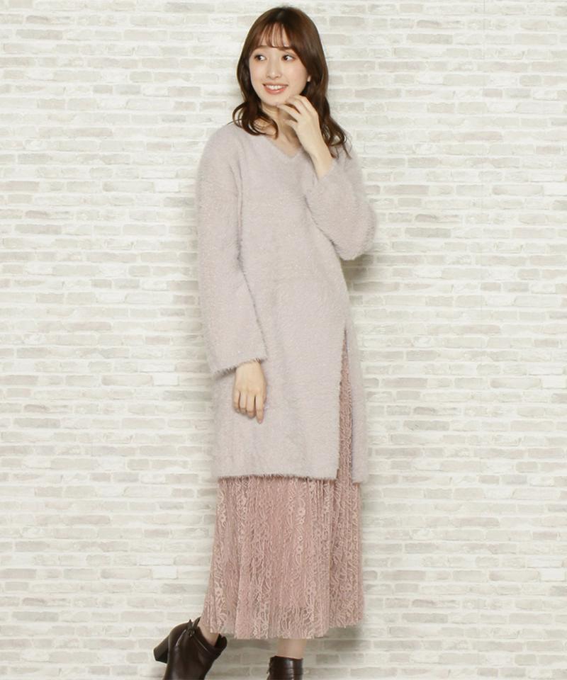 シャギーニット+レースプリーツスカート
