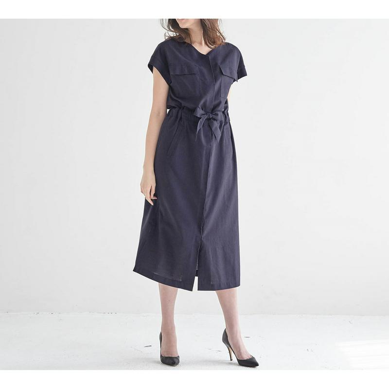 麻混ロングシャツワンピース