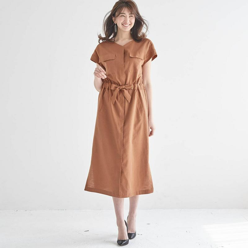 麻混ロングシャツワンピース