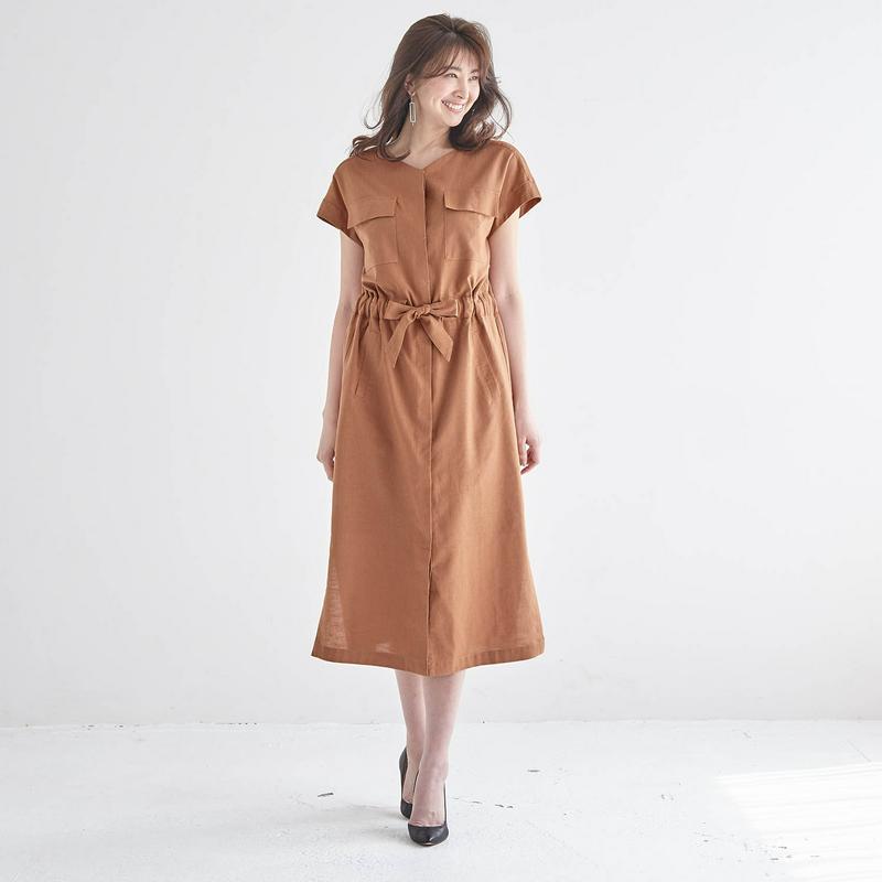 麻混ロングシャツワンピース