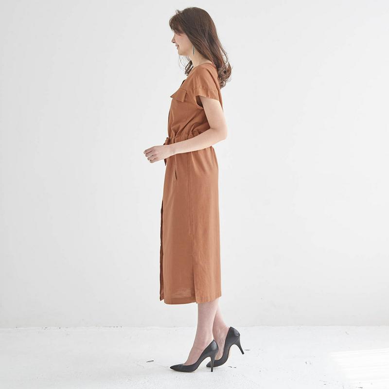 麻混ロングシャツワンピース