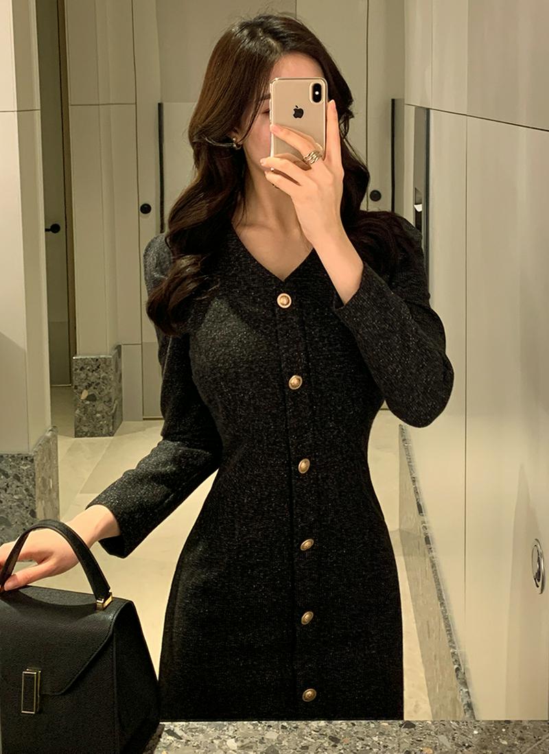 ゴールドボタンラインツイードワンピース