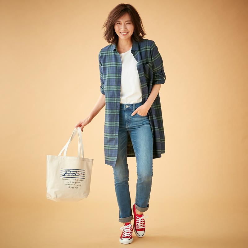袖ロールアップできる裾スリット綿ビエラシャツチュニック【Ｍ～５Ｌ】