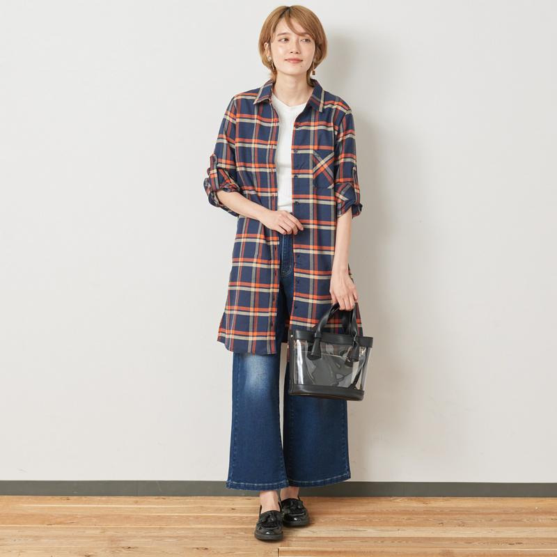 袖ロールアップできる裾スリット綿ビエラシャツチュニック【Ｍ～５Ｌ】