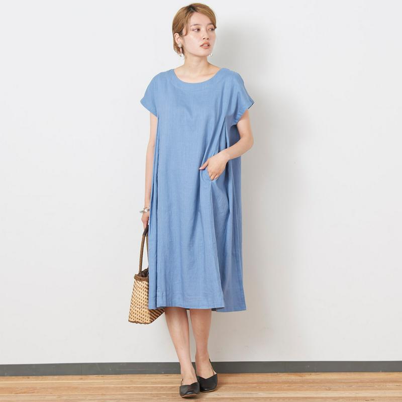 リネンレーヨン素材のフレンチ袖ワンピース（manoamano／マノアマノ）