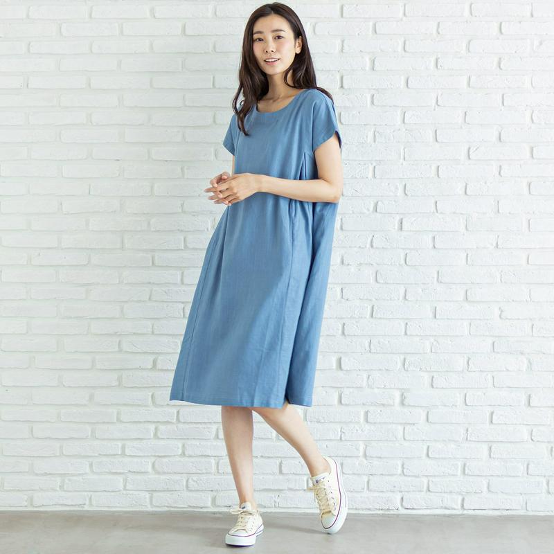 リネンレーヨン素材のフレンチ袖ワンピース（manoamano／マノアマノ）
