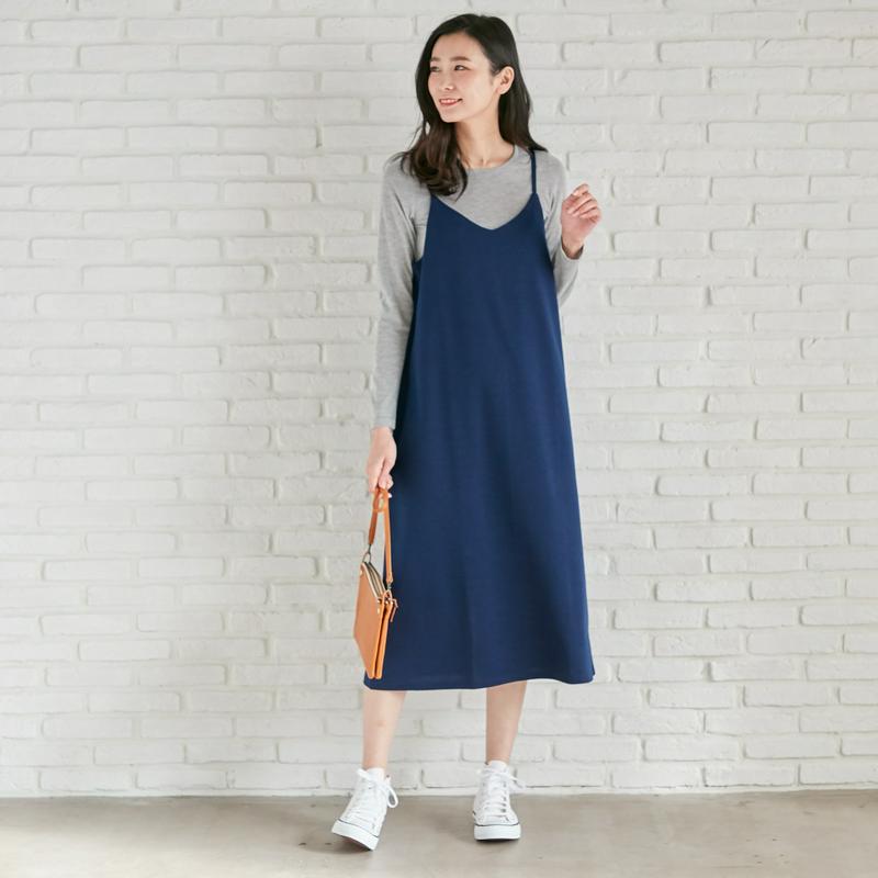 ポンチ素材ロングシーズン着まわせるキャミワンピース【Ｍ～３Ｌ】