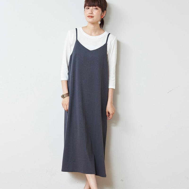 ポンチ素材ロングシーズン着まわせるキャミワンピース【Ｍ～３Ｌ】