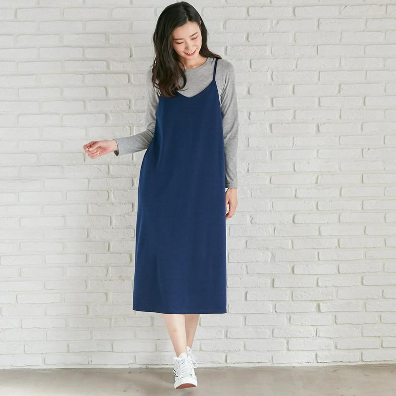 ポンチ素材ロングシーズン着まわせるキャミワンピース【Ｍ～３Ｌ】