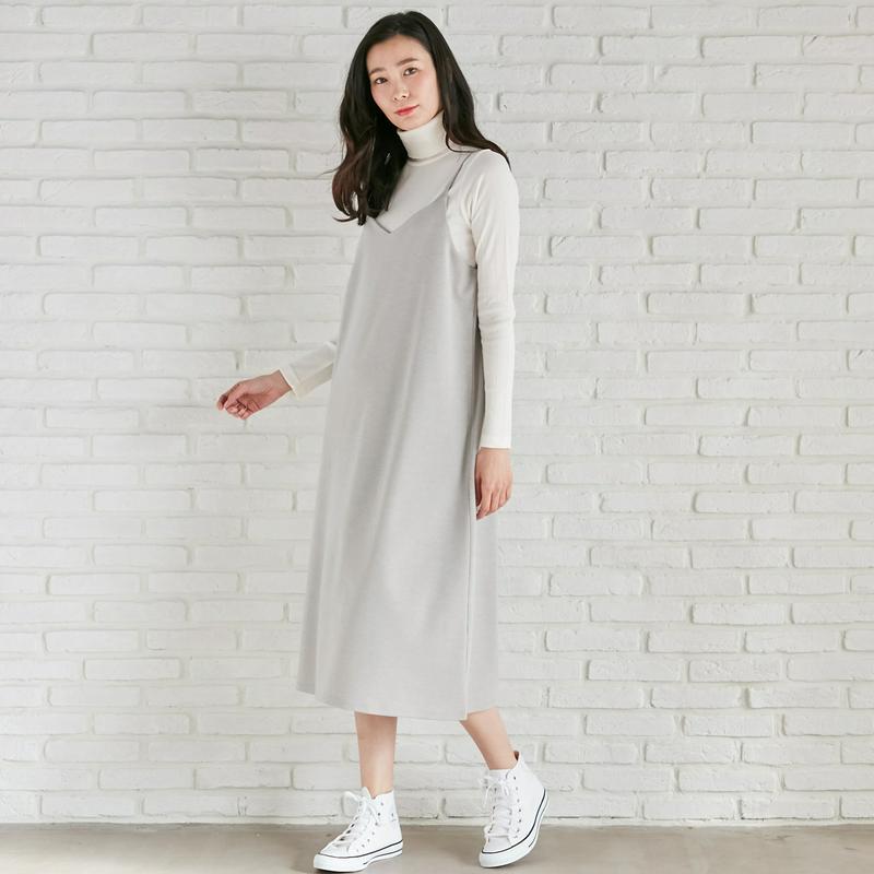 ポンチ素材ロングシーズン着まわせるキャミワンピース【Ｍ～３Ｌ】