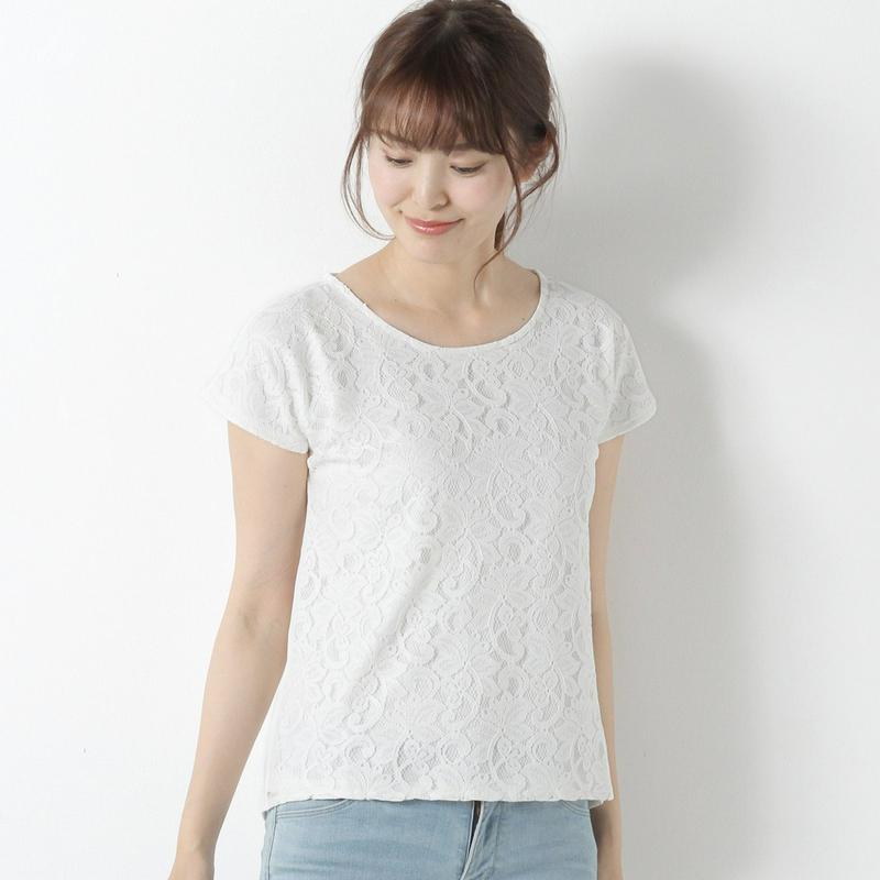ボタニカルレースフレンチ袖Ｔシャツ【Ｍ～４Ｌ】