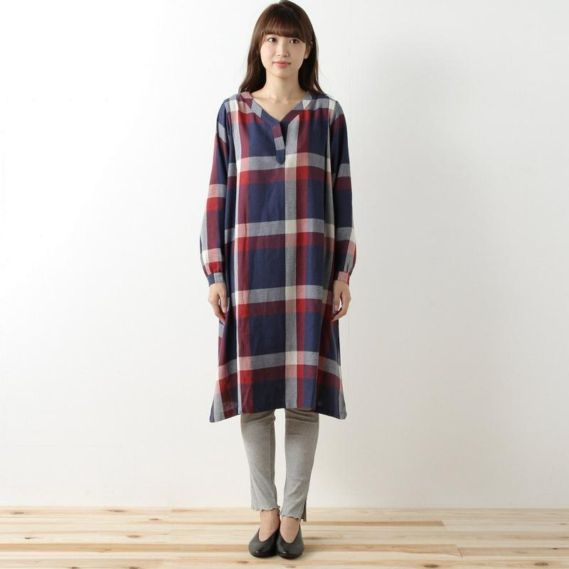 綿混素材のナチュラルチェック柄スキッパーワンピース【Ｍ～４Ｌ】