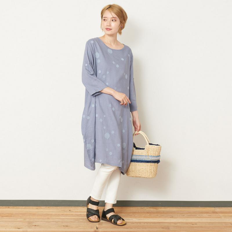 リネンレーヨン水玉刺繍コクーンチュニック