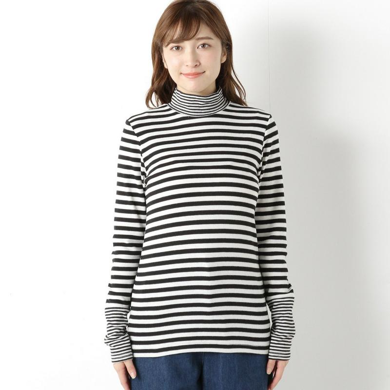 インナーにも◎ボーダー切替スタンドネック長袖Ｔシャツ