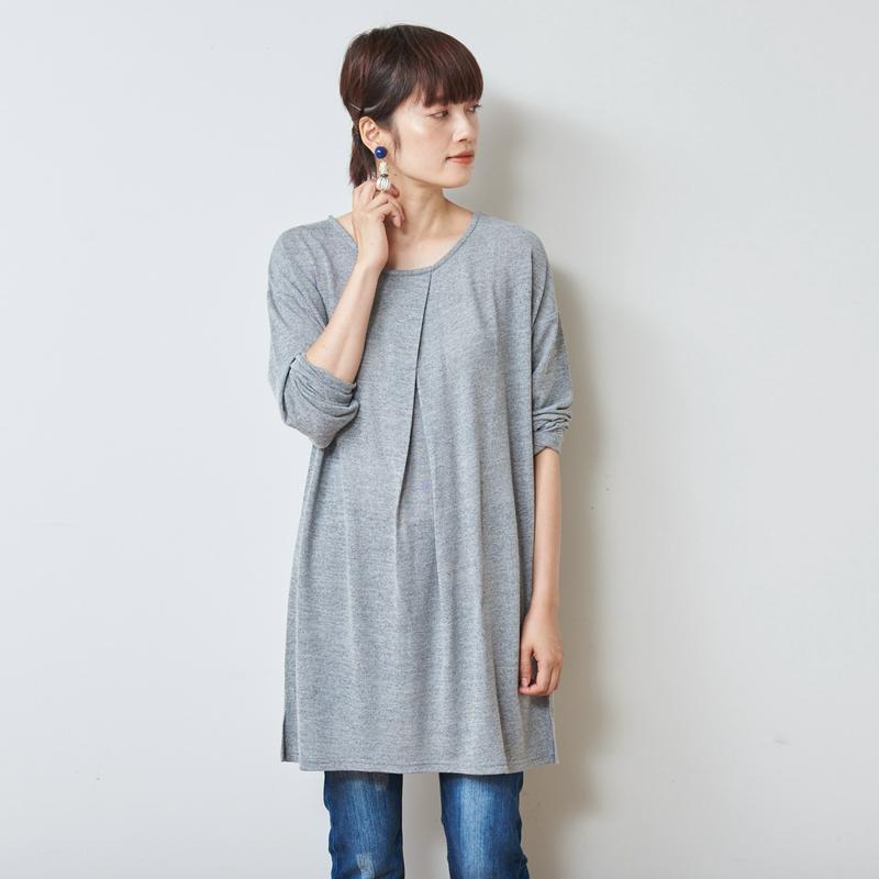 大人気シリーズ◎胸元重ねタック長袖チュニック【Ｍ～３Ｌ】