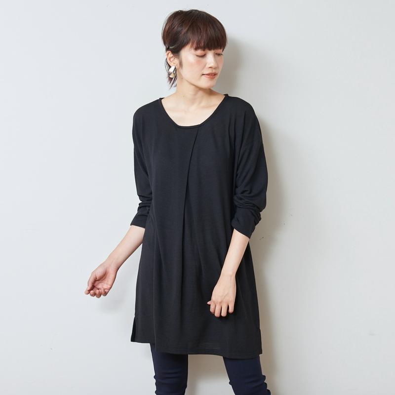 大人気シリーズ◎胸元重ねタック長袖チュニック【Ｍ～３Ｌ】