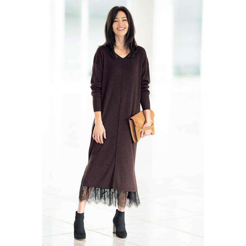 【ＳＴＹＬＥ　ＳＮＡＰ掲載】レース使いペチコート付きニットワンピース