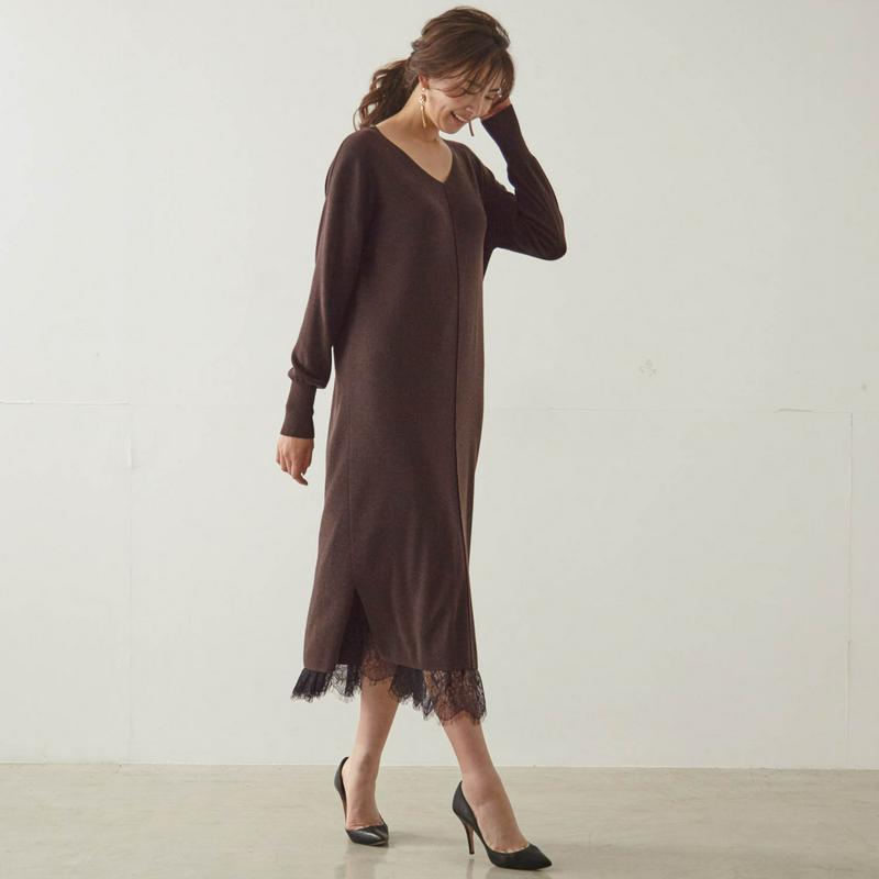 【ＳＴＹＬＥ　ＳＮＡＰ掲載】レース使いペチコート付きニットワンピース