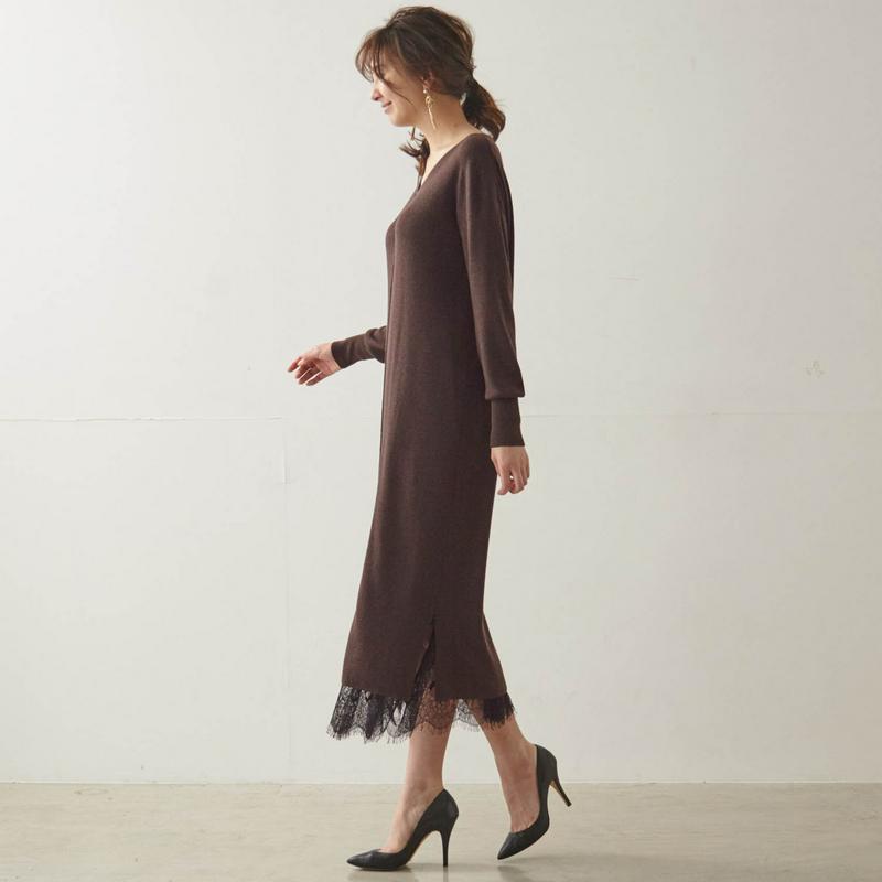 【ＳＴＹＬＥ　ＳＮＡＰ掲載】レース使いペチコート付きニットワンピース