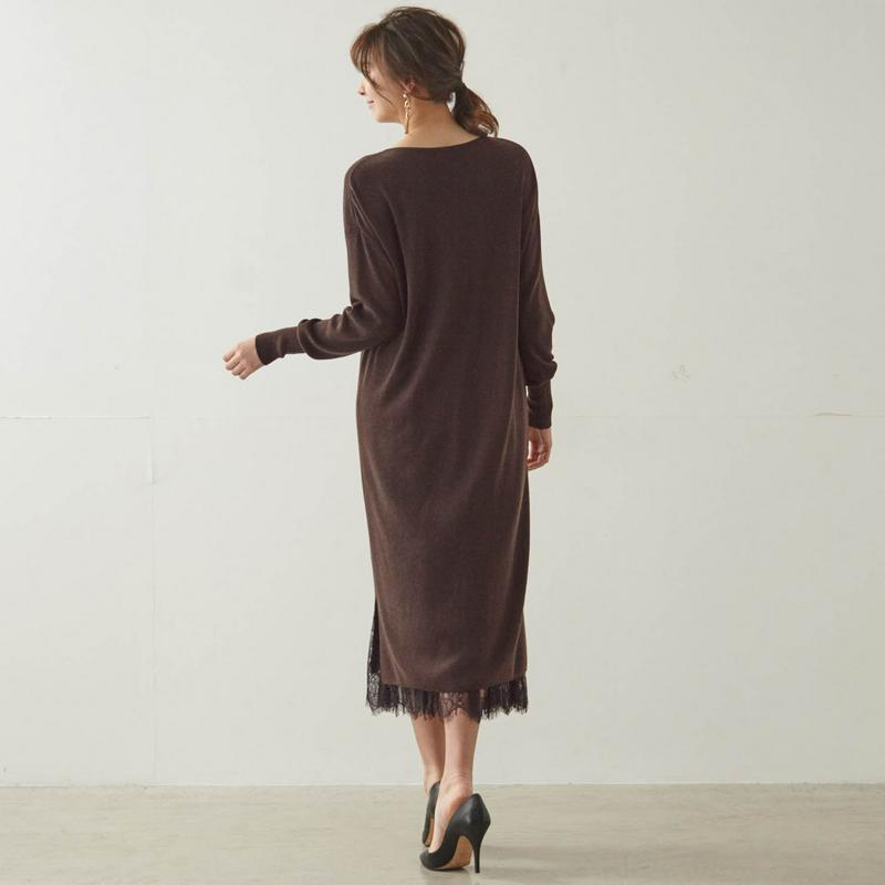 【ＳＴＹＬＥ　ＳＮＡＰ掲載】レース使いペチコート付きニットワンピース