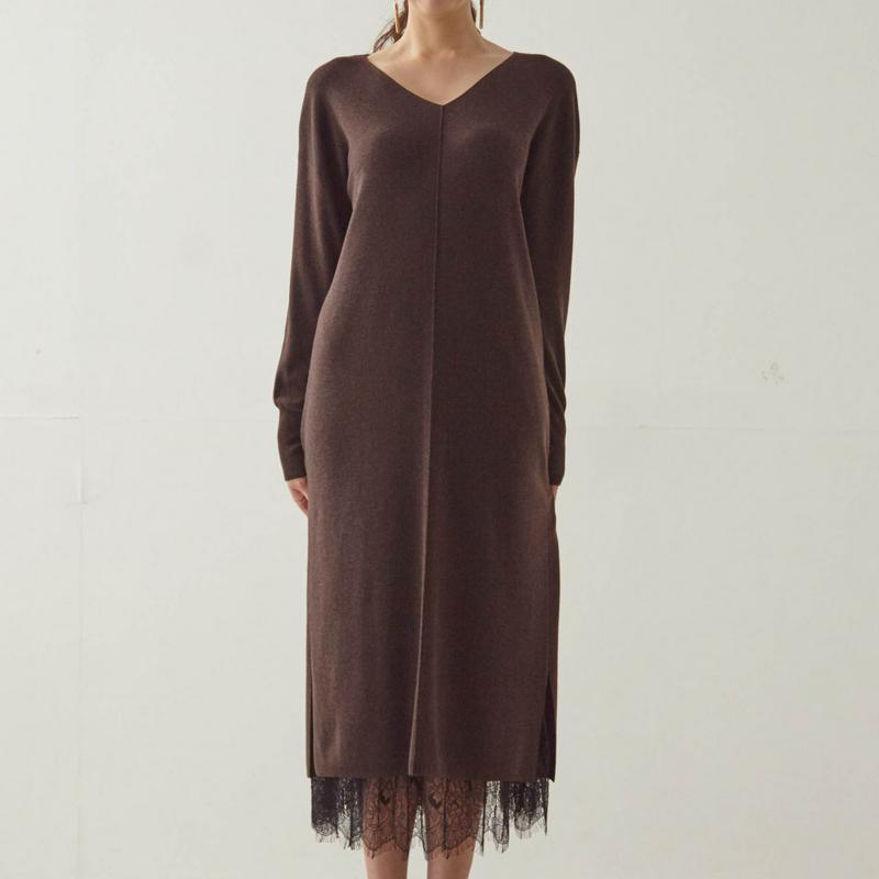 【ＳＴＹＬＥ　ＳＮＡＰ掲載】レース使いペチコート付きニットワンピース