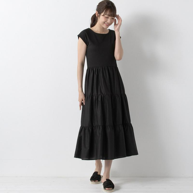 【３／２５（水）で販売終了】綿混カットソー使いで快適◎異素材使いティアードワンピース