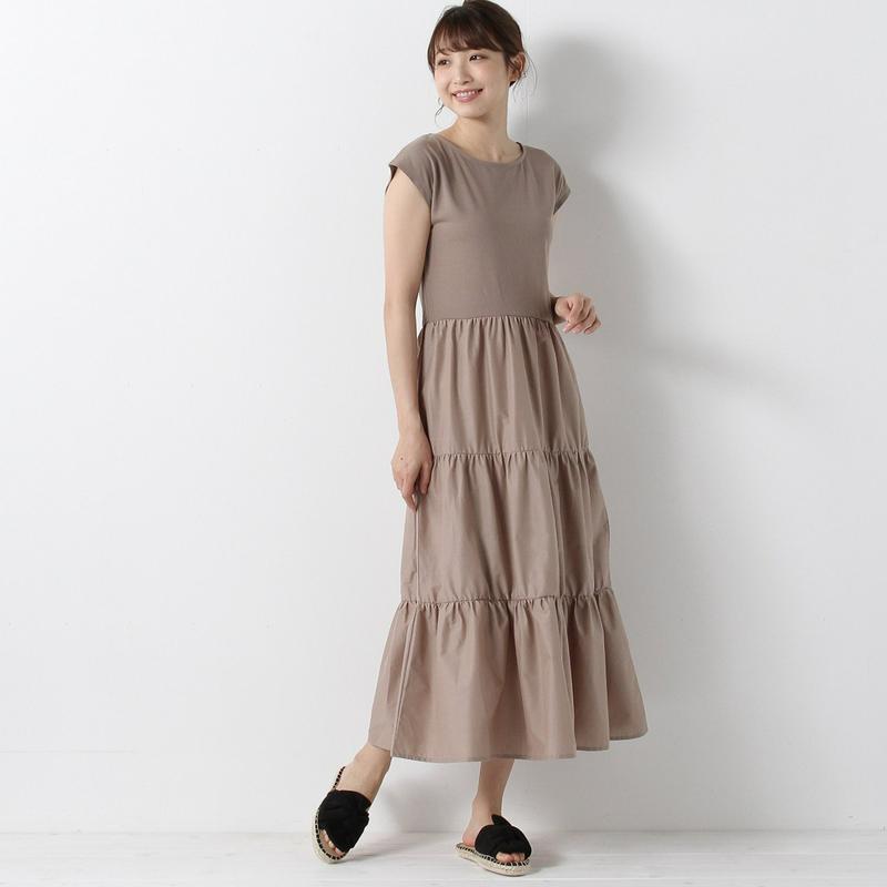 【３／２５（水）で販売終了】綿混カットソー使いで快適◎異素材使いティアードワンピース