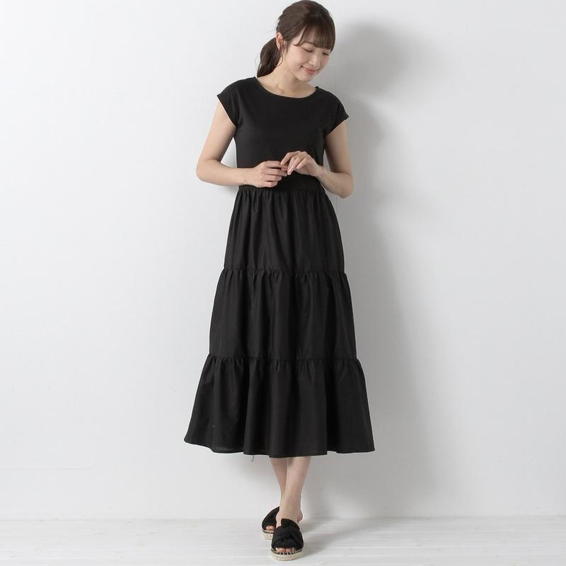 【３／２５（水）で販売終了】綿混カットソー使いで快適◎異素材使いティアードワンピース