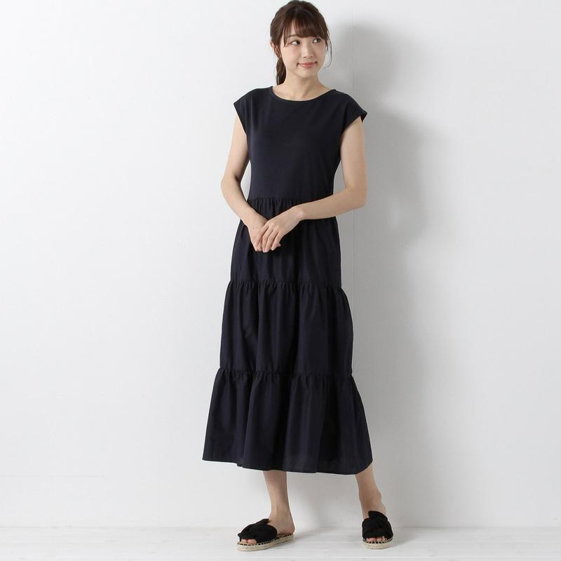 【３／２５（水）で販売終了】綿混カットソー使いで快適◎異素材使いティアードワンピース