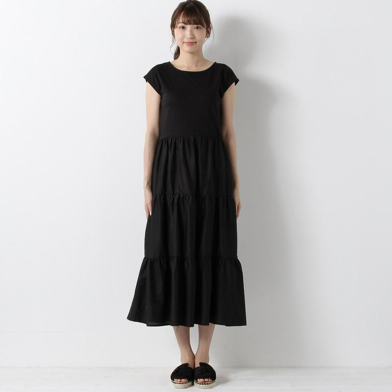 【３／２５（水）で販売終了】綿混カットソー使いで快適◎異素材使いティアードワンピース