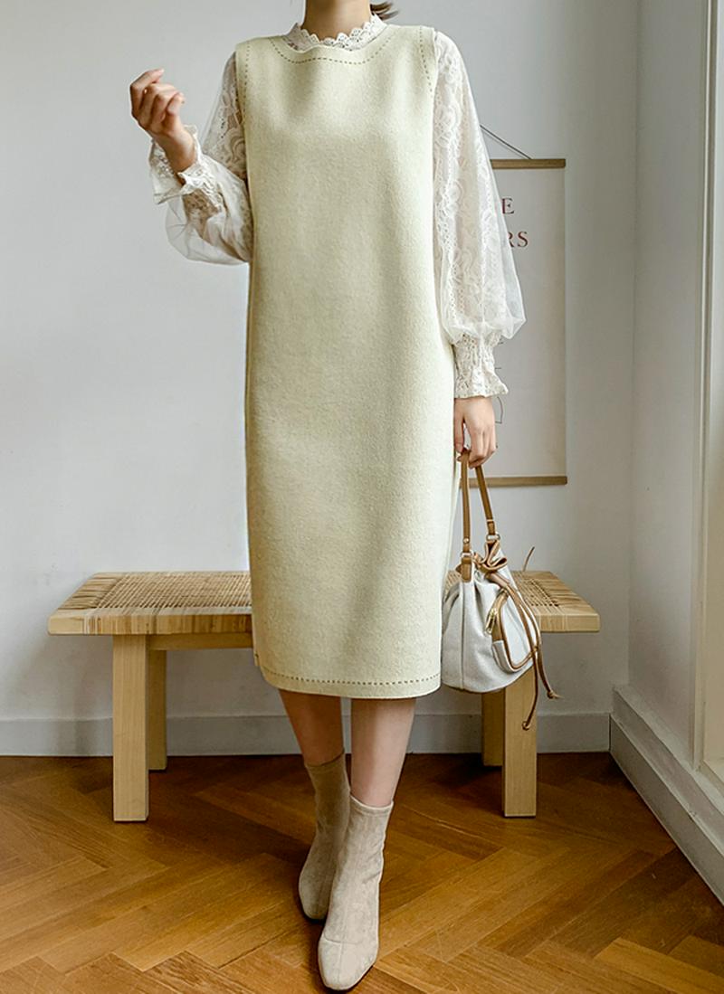 ステッチウール混ノースリワンピース