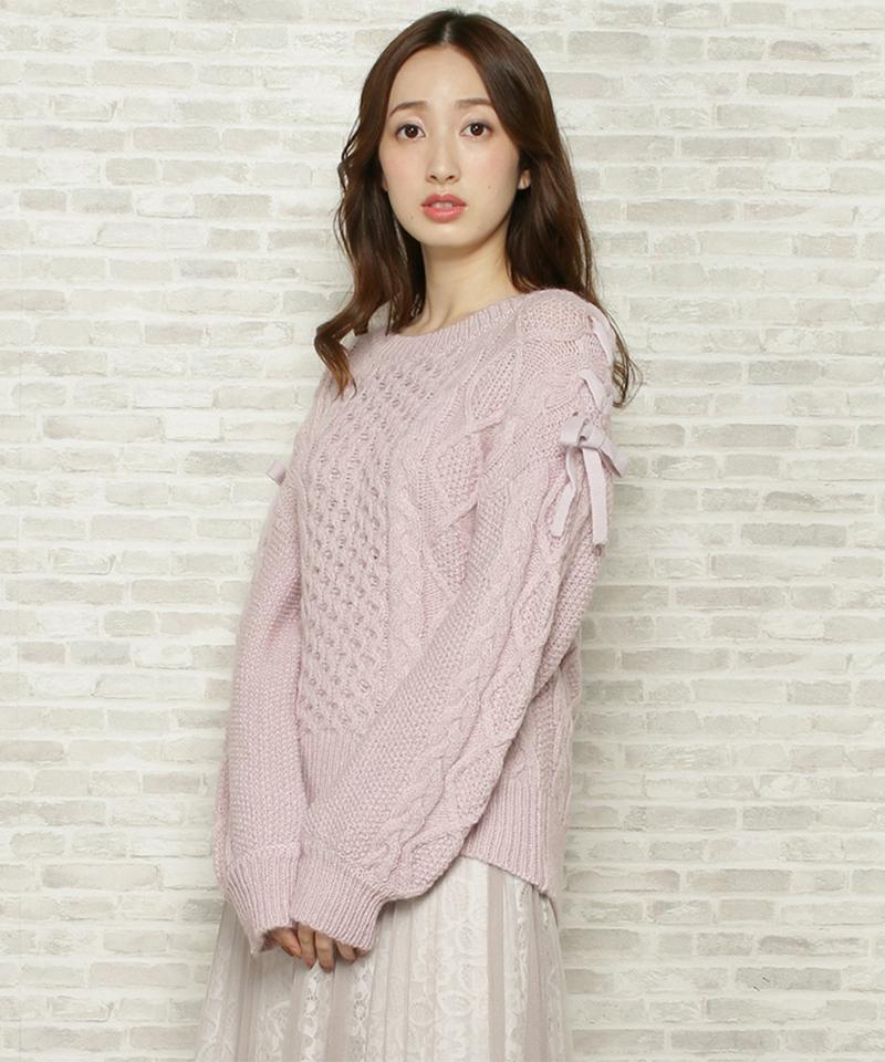 アラン柄ショルダーレースアップニット