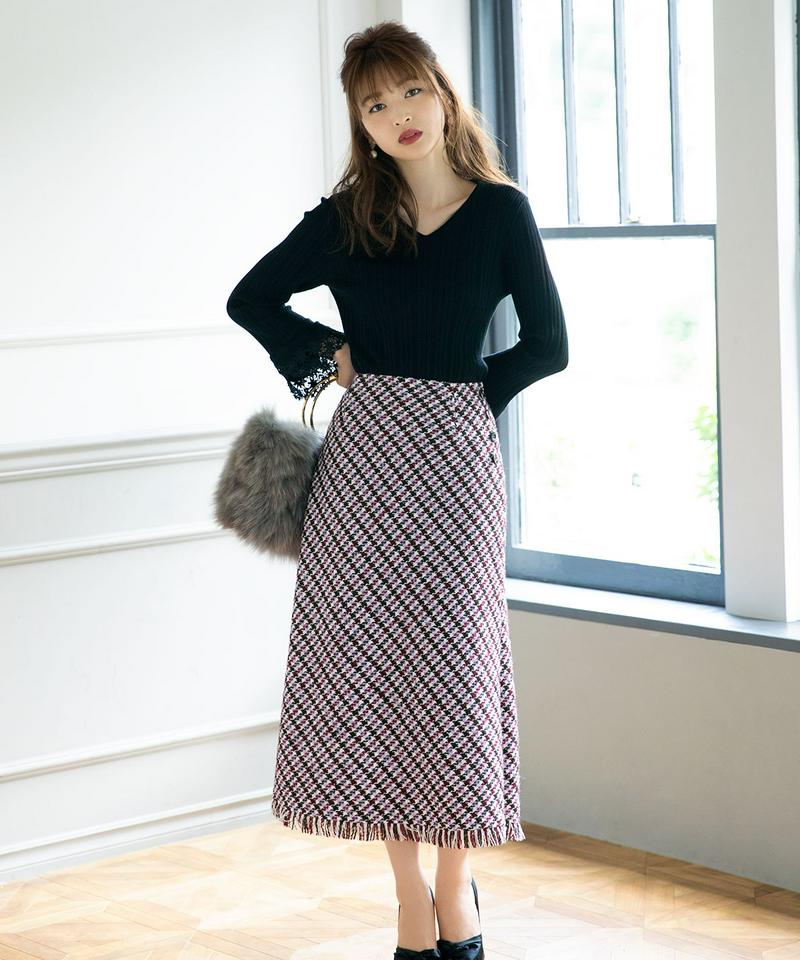 チェックナローフリンジスカート