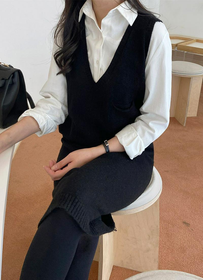 Vネックニットベストワンピース