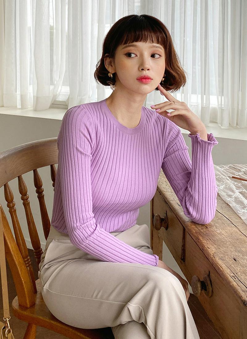 ラウンドネックリブニット・全3色・b57241 レディース 【tops】【韓国 ファッション トップス ニット リブニット ラウンドネック 長袖 スリム ベーシック 無地 インナー レイヤード フェミニン デイリー 細身 タイト カジュアル 秋冬】