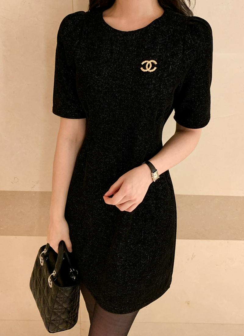 ラウンドネックグリッターミニワンピース