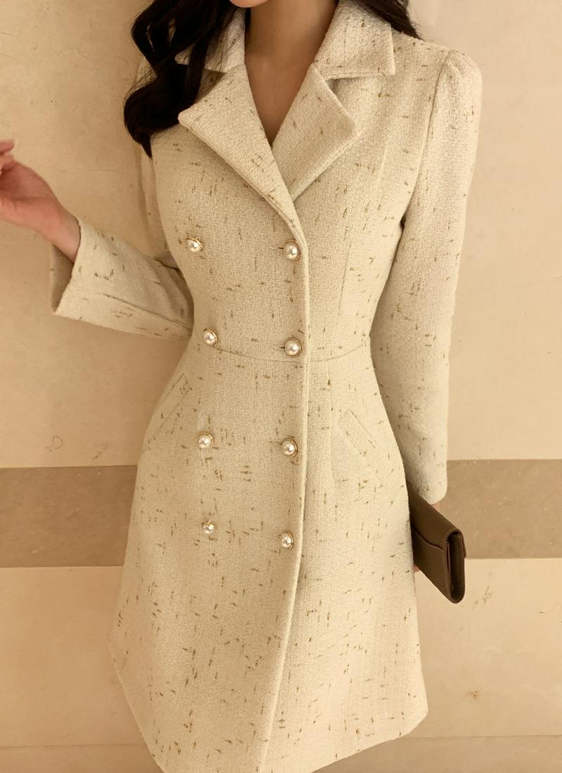 ウール混ダブルボタンカラーワンピース