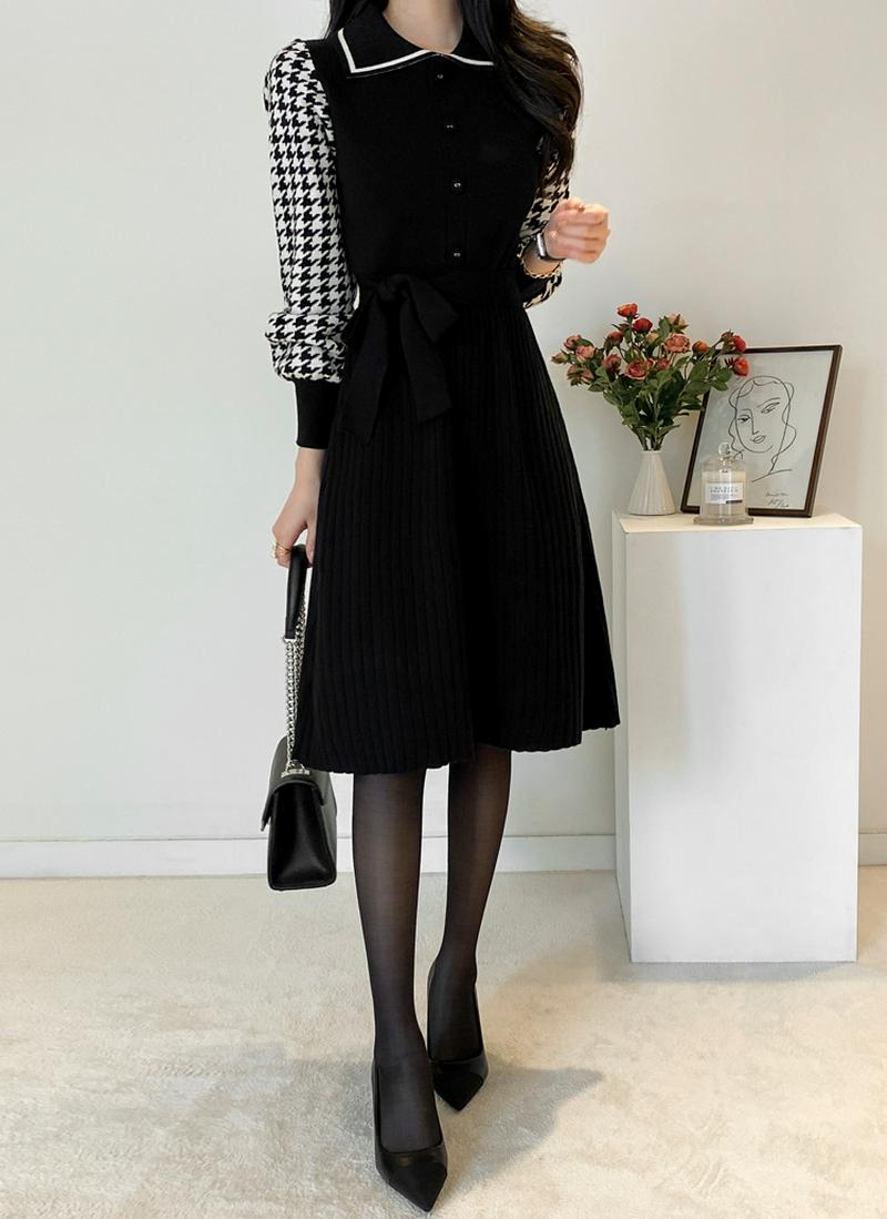 チェックスリーブニットワンピース