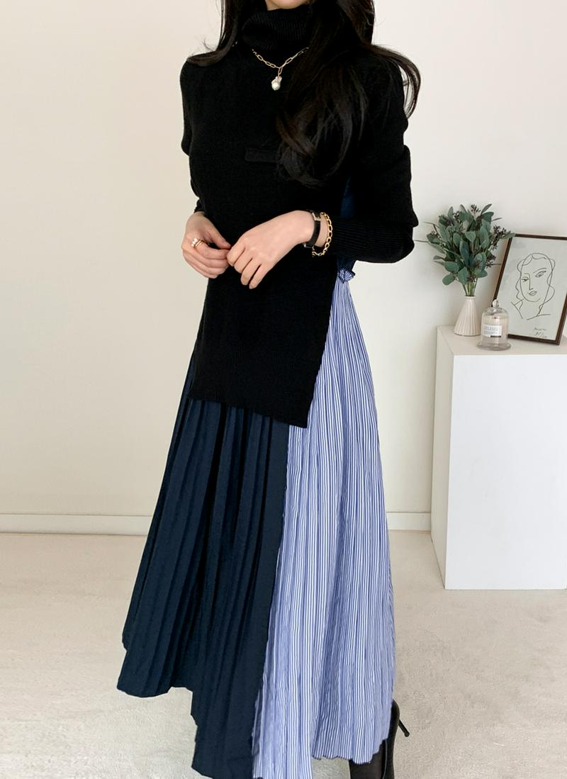 ウール混ニットプリーツミックスワンピース