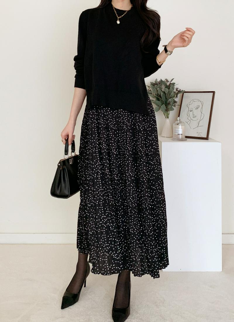 ウール混ニットドットプリーツワンピース