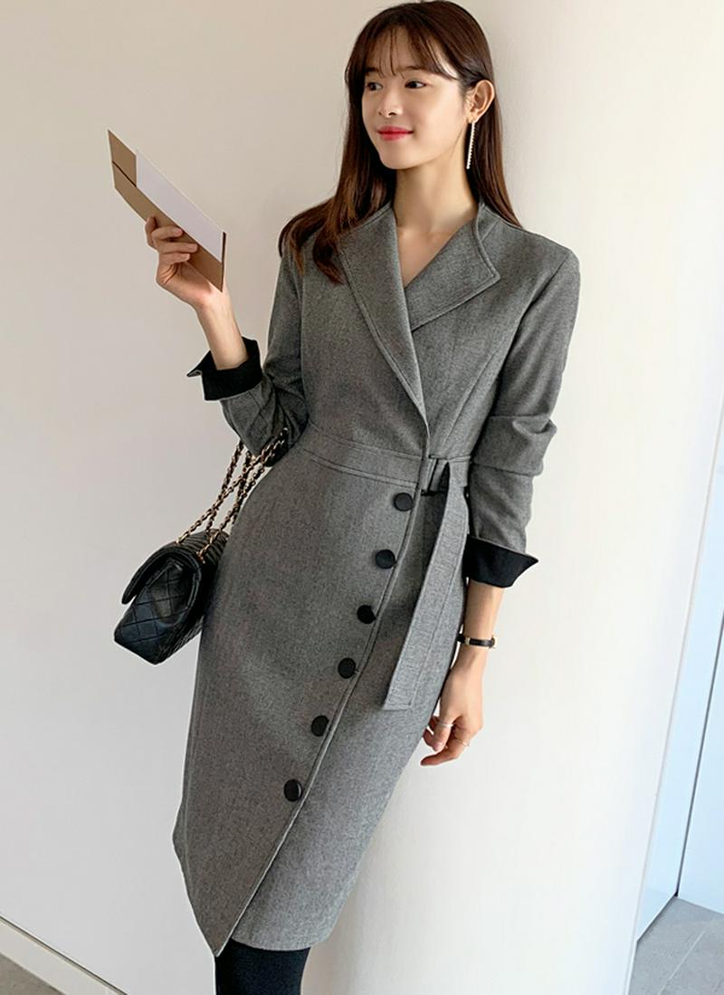 サイドベルトボタンラインワンピース