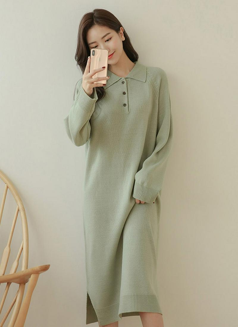 ポロカラーニットワンピース