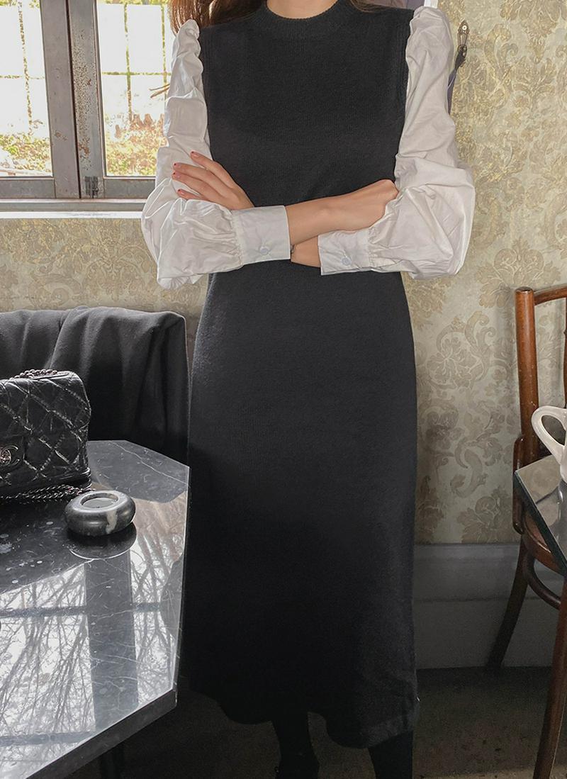 腰ひもSET袖配色ニットワンピース