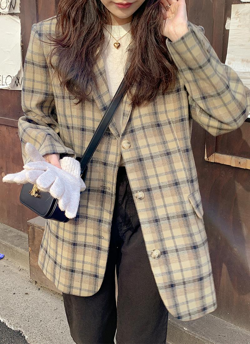 ウール混ビンテージ風チェックジャケット