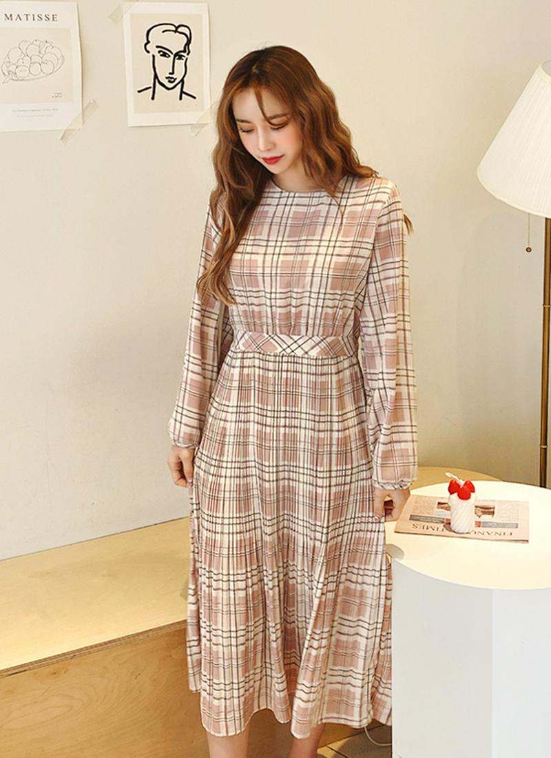 チェックプリーツロングワンピース