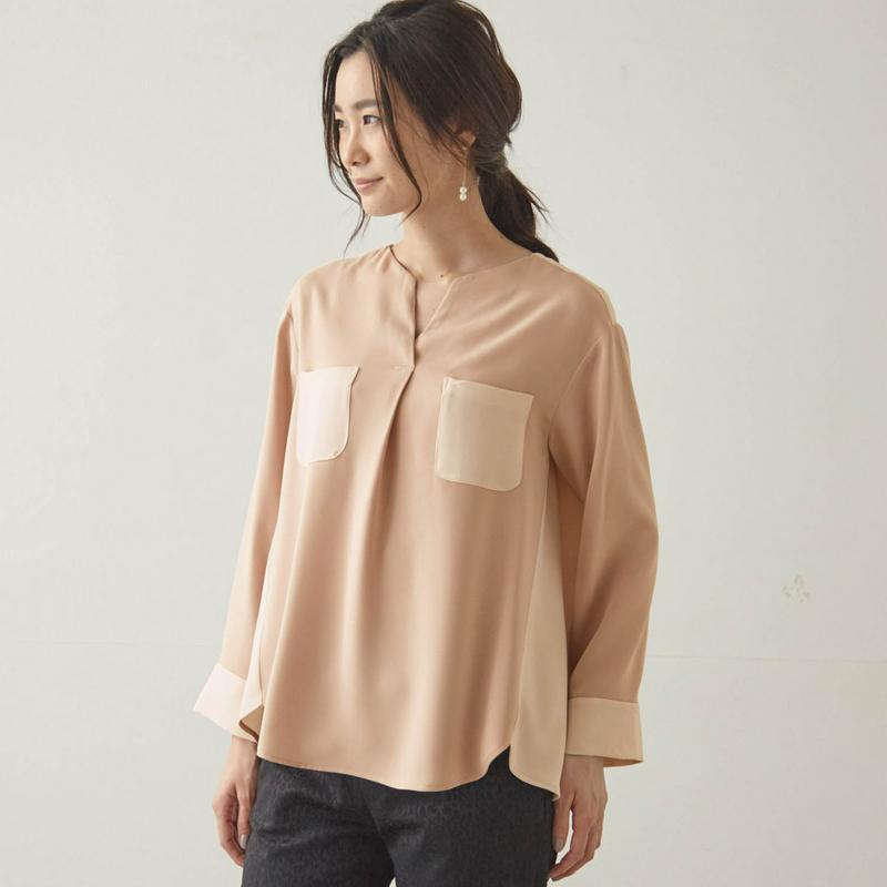 配色使いとろみ９分袖ブラウス【日本製】
