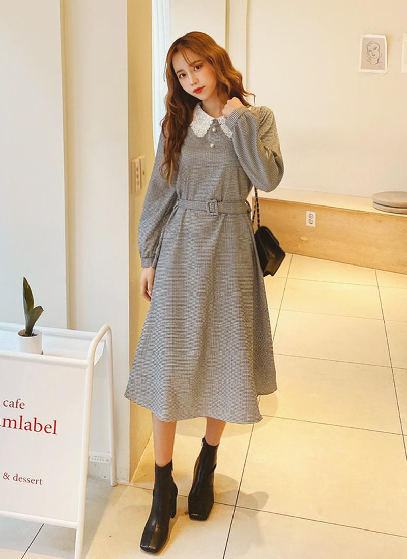 ベルト付レースカラーチェックワンピース