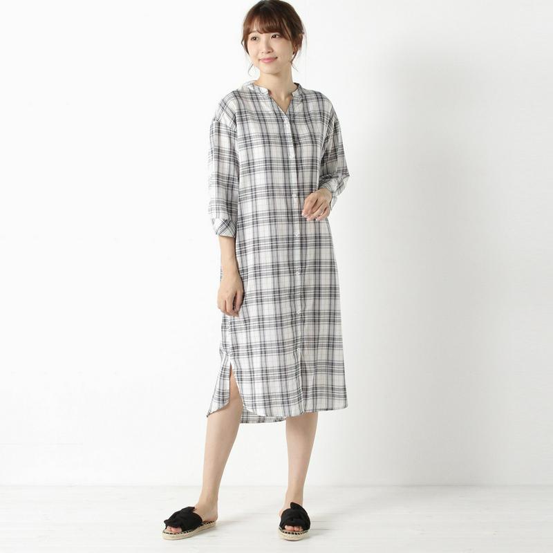 柔らかな綿１００％フランス綾素材のノーカラーシャツチュニック